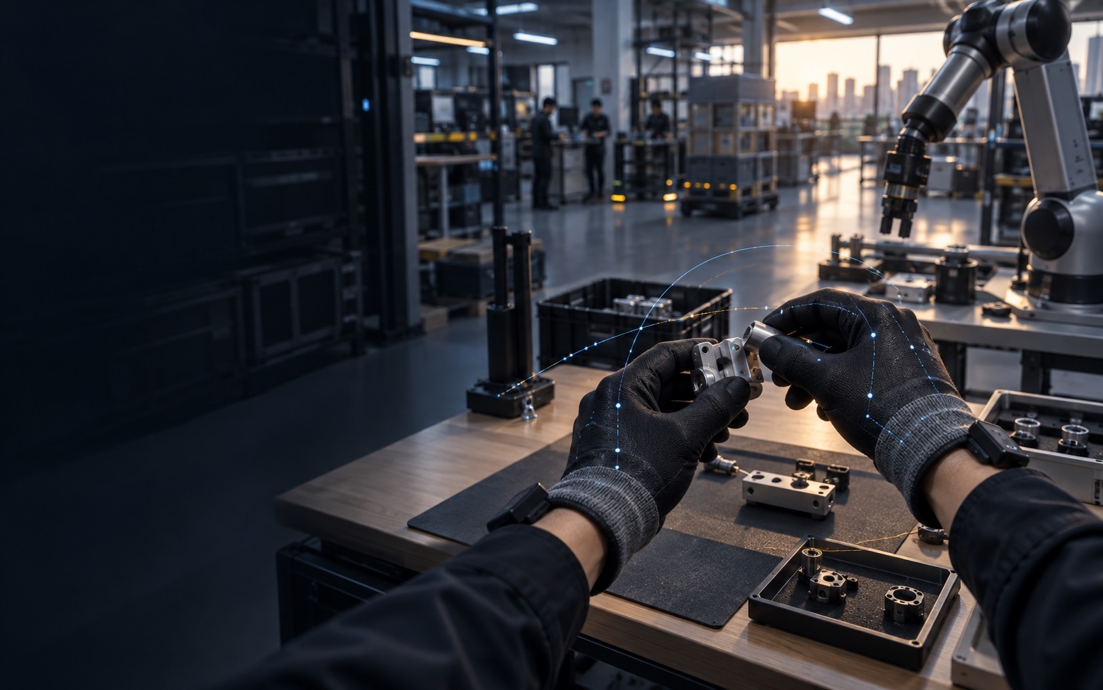 Human operator capturing a precise manipulation demonstration in a robotics workspace